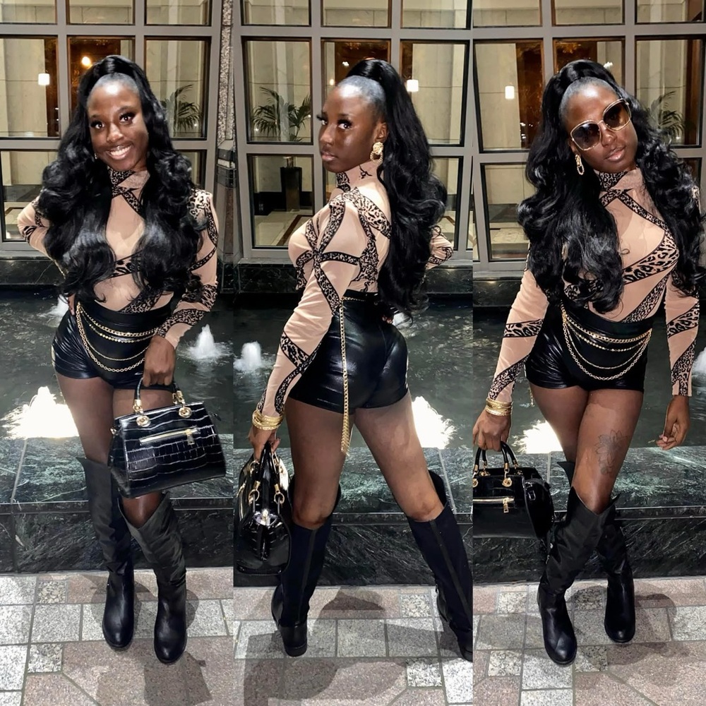 Stylish Tan and Black Women's Top Bodysuit With Leather Shorts